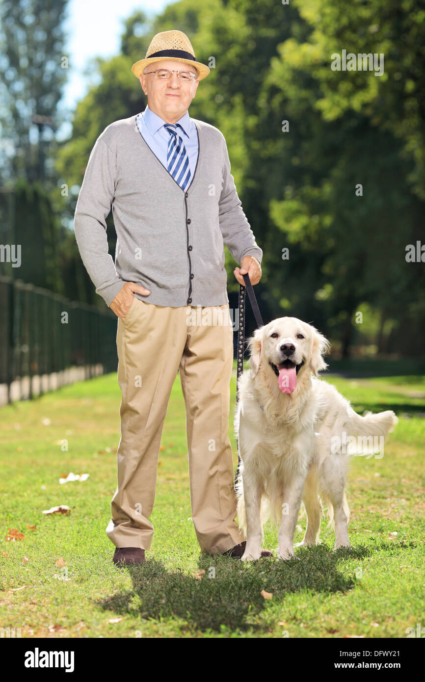 Senior l uomo e il suo cane in posa di un parco Foto Stock