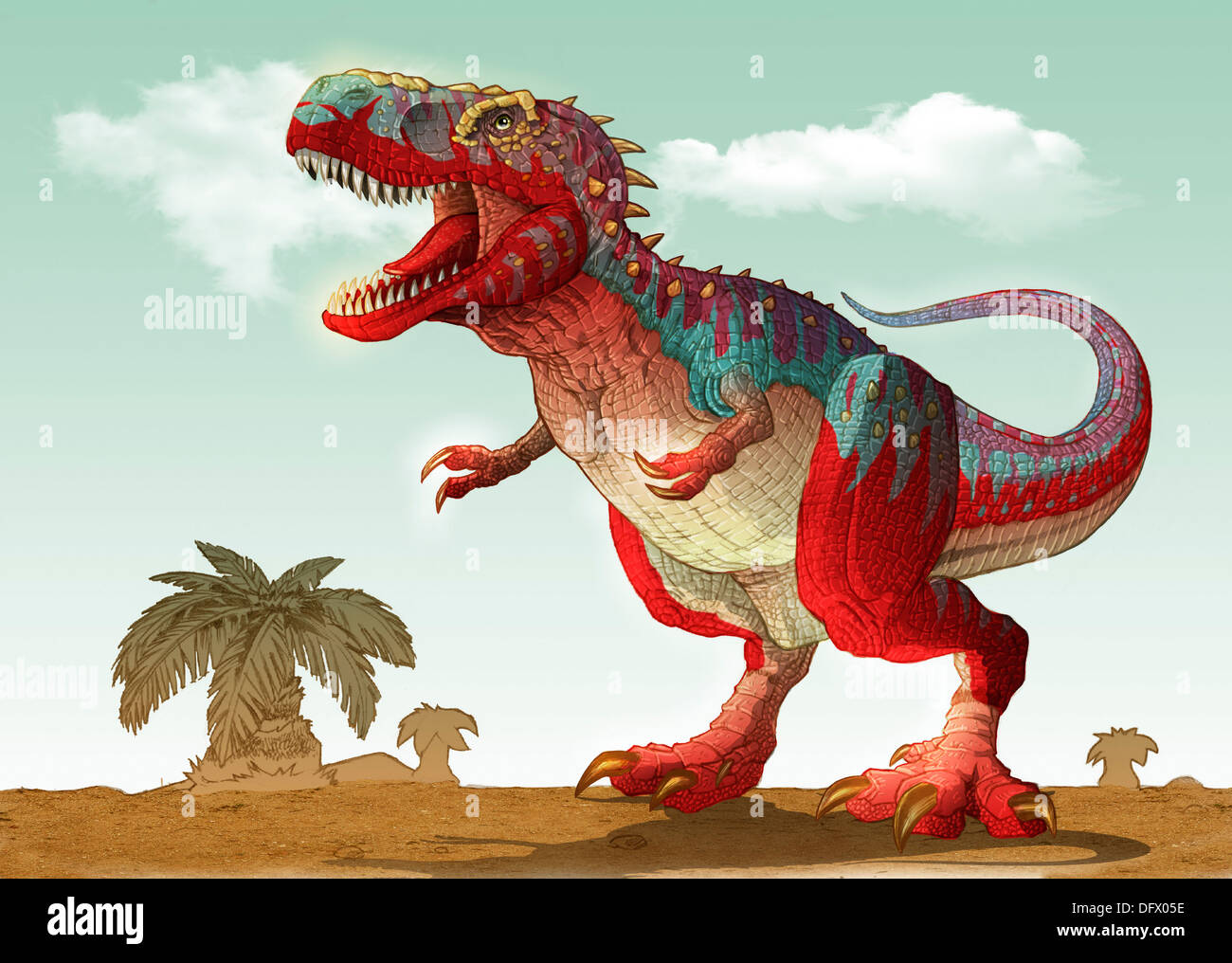 Illustrazione colorata di un arrabbiato Tyrannosaurus Rex. Foto Stock