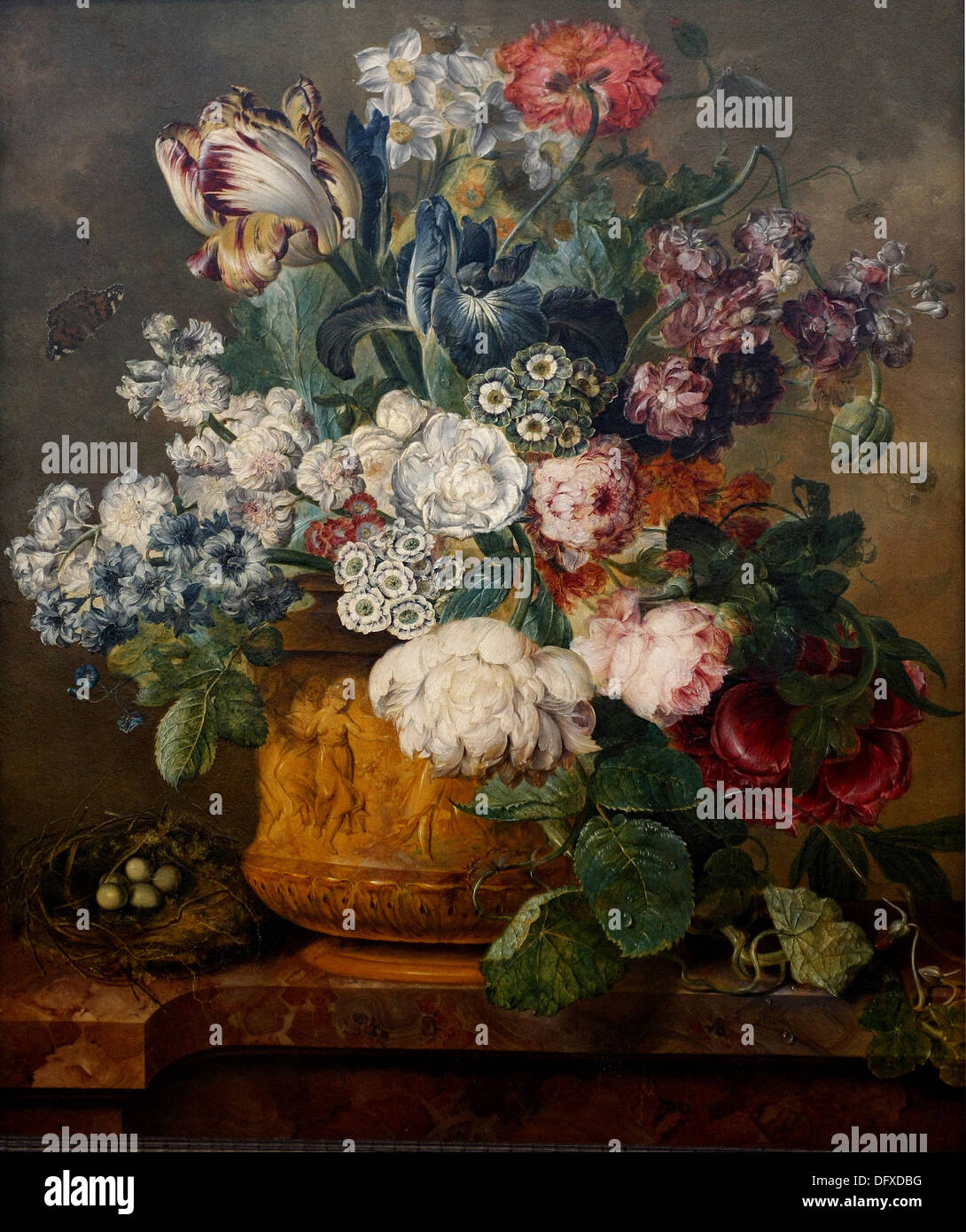 Jacobus PEPER - Fiori in un vaso di pietra con un nido - Museo delle Belle Arti - Budapest, Ungheria. Foto Stock