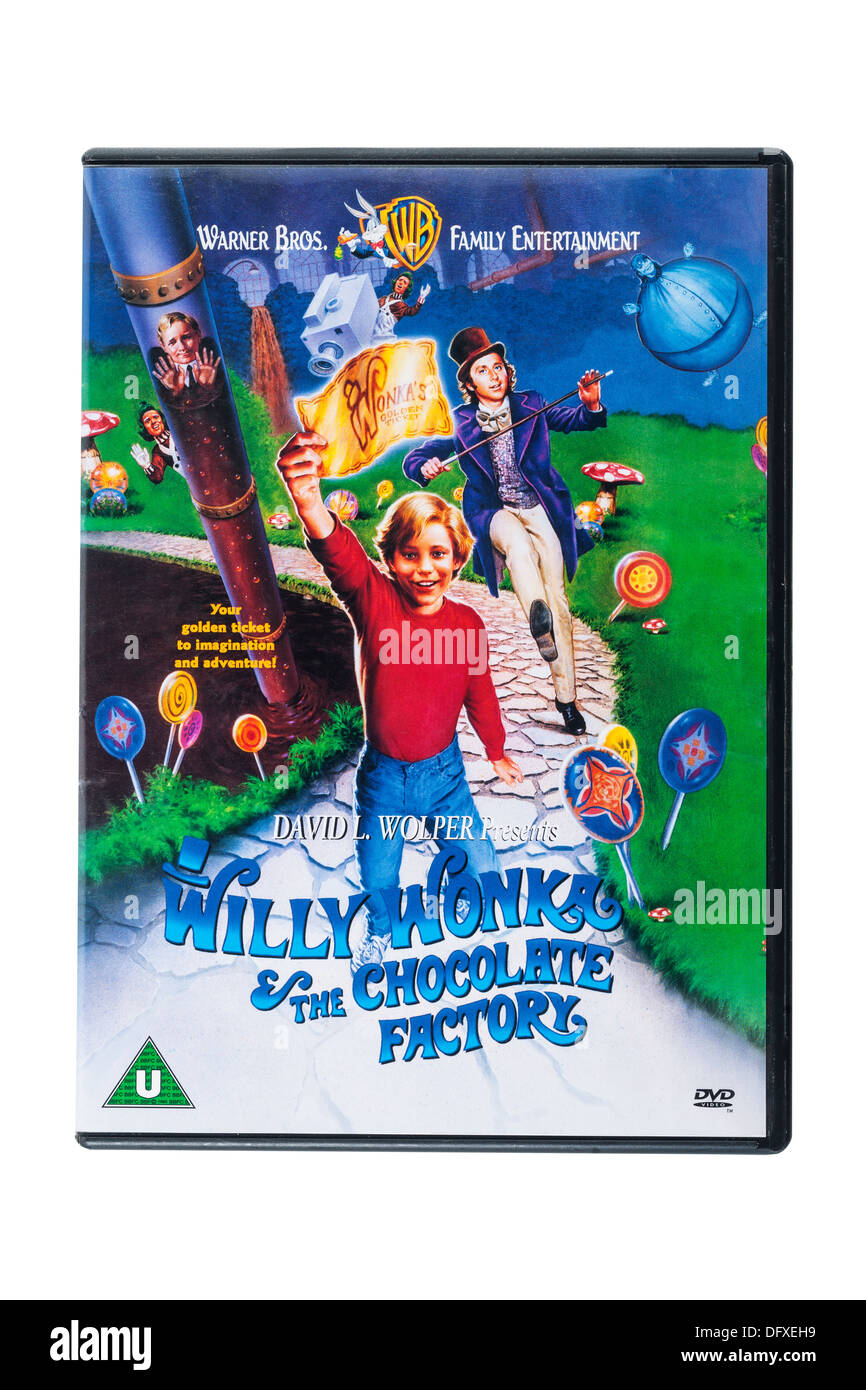 Un film chiamato dvd Willy Wonka & la fabbrica di cioccolato su uno sfondo bianco Foto Stock