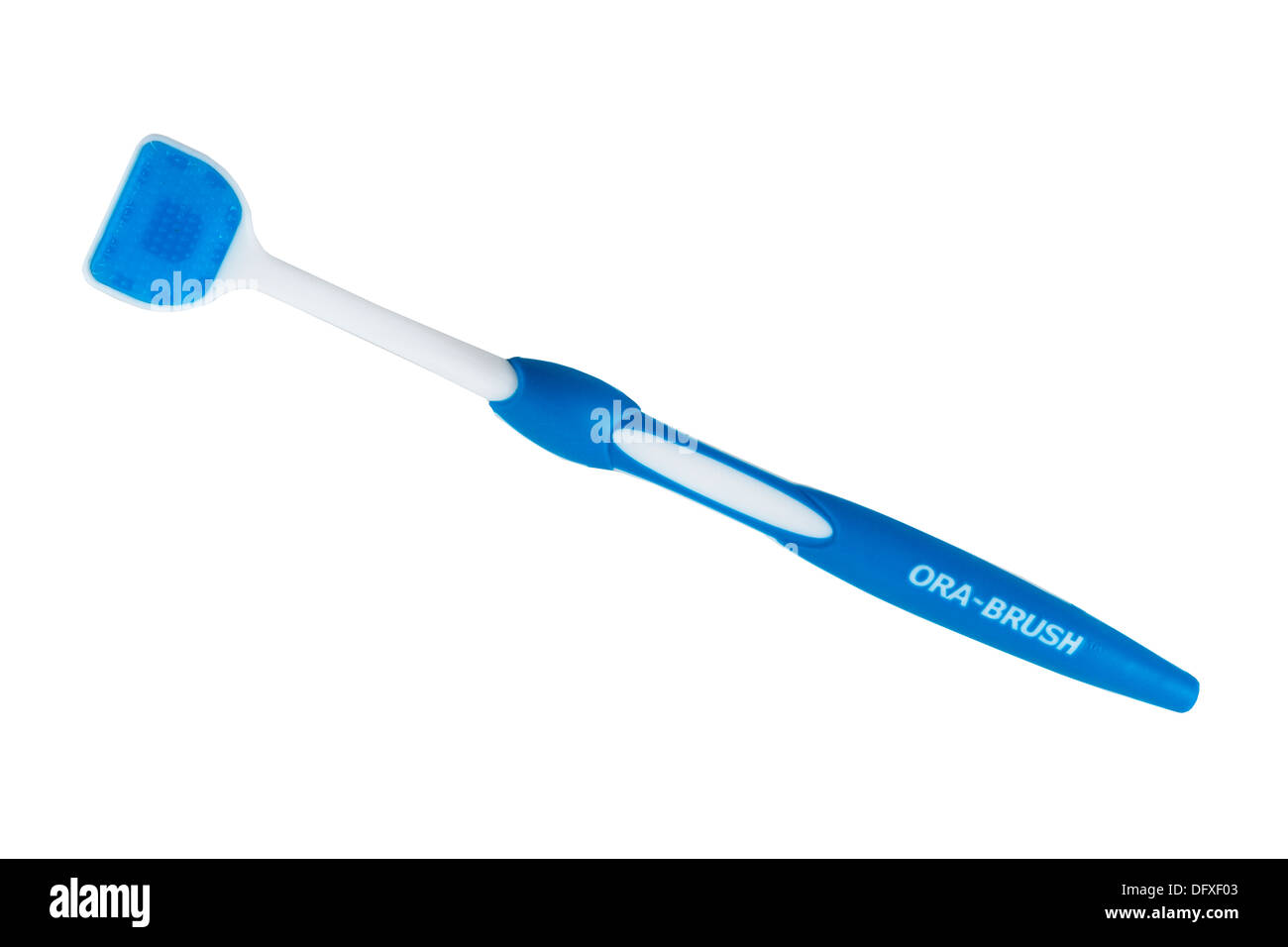 La nuova ora-pennello per spazzolare la lingua per aiutare con alito cattivo su sfondo bianco Foto Stock