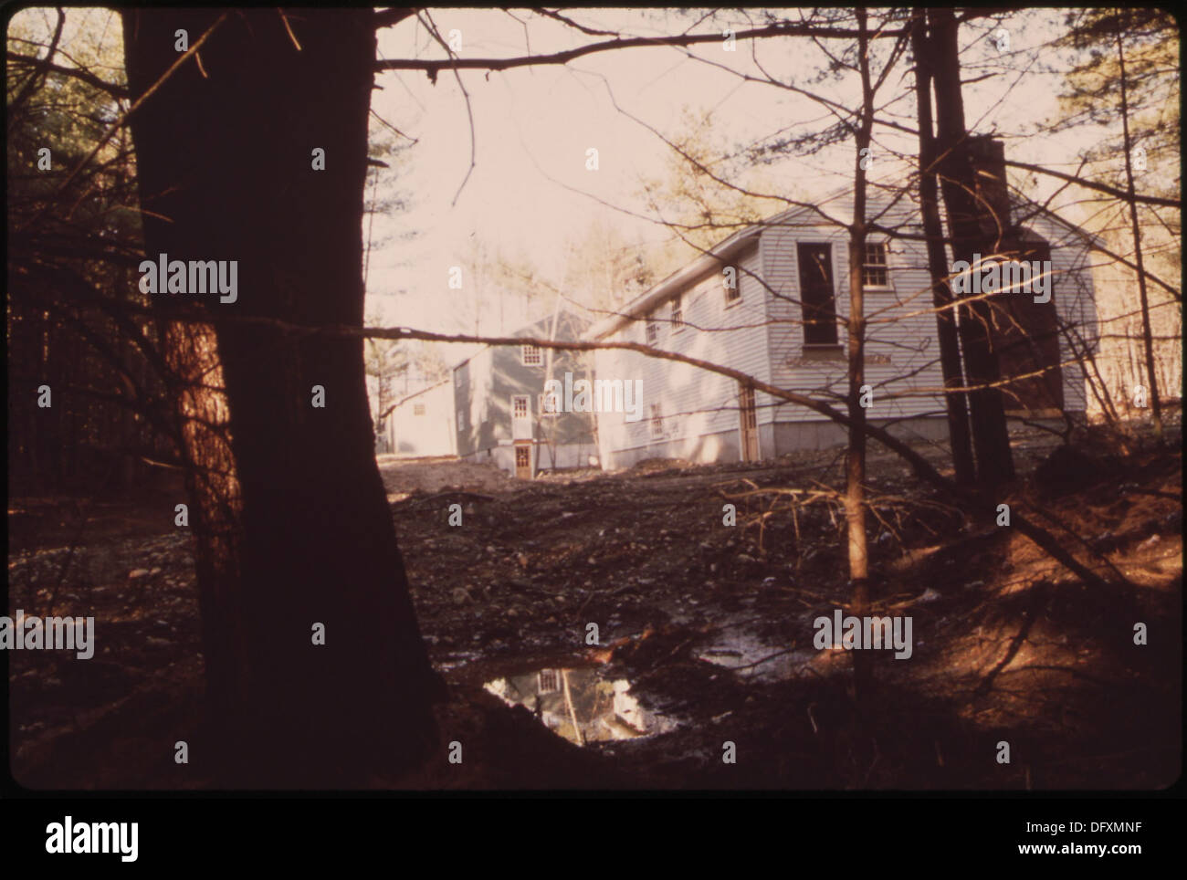 Questa fotografia mostra i nastri dei topografi che segnano il lavoro in uno sviluppo abitativo a Townsend. L'immagine cattura le prime fasi di costruzione e pianificazione per le aree residenziali. Foto Stock