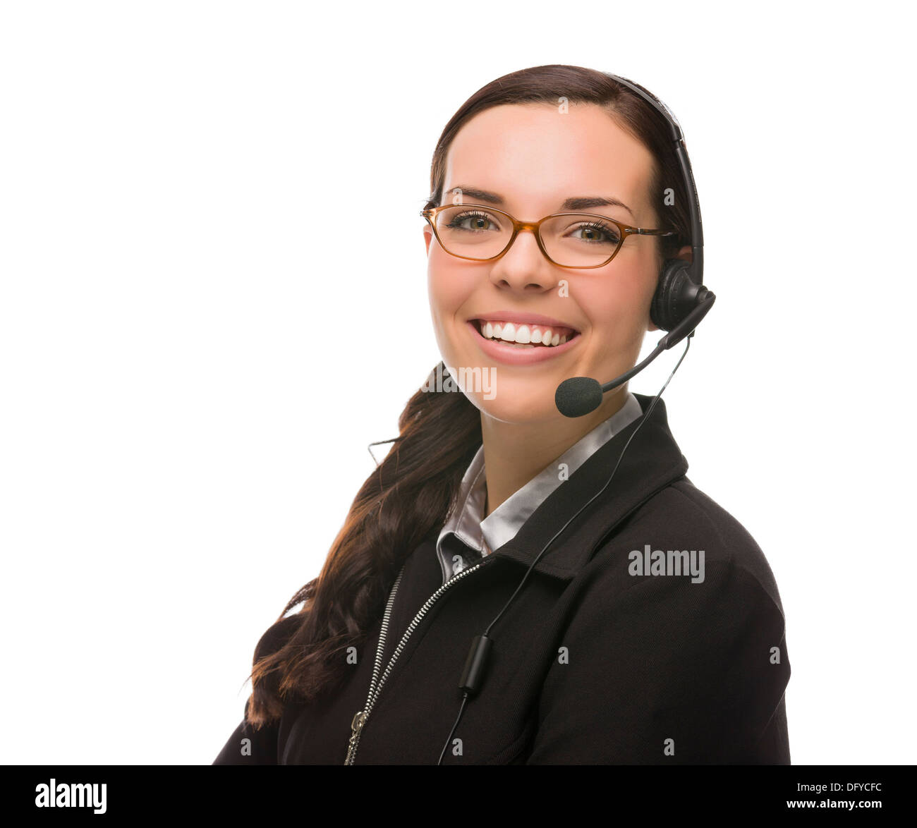 Disponibile razza mista receptionist che indossa la testa di telefono-set isolato su sfondo bianco. Foto Stock