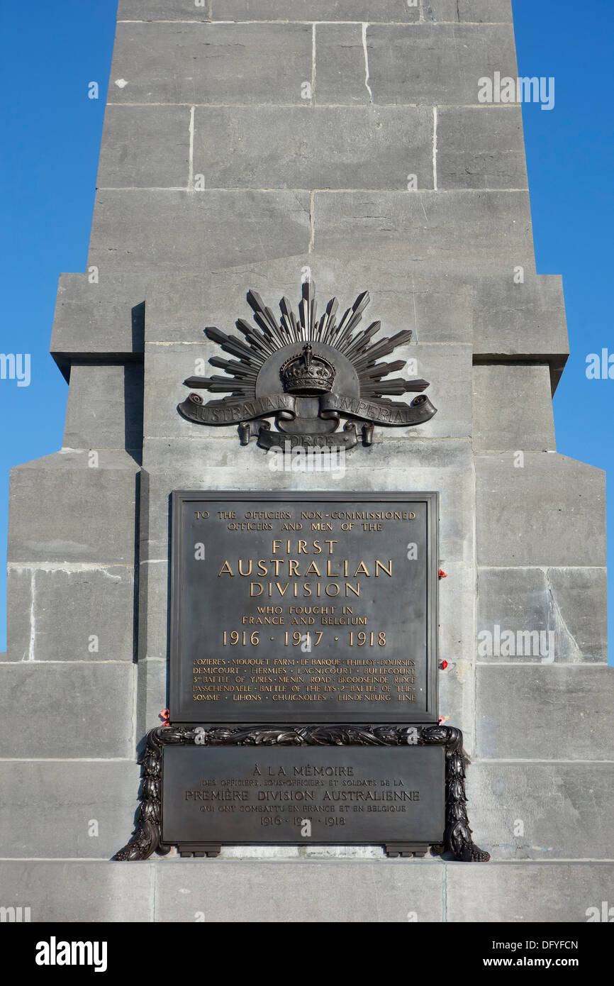 La Prima Guerra Mondiale prima divisione australiana memorial al Pozières Ridge, WWI Battaglia delle Somme, Piccardia, Francia Foto Stock