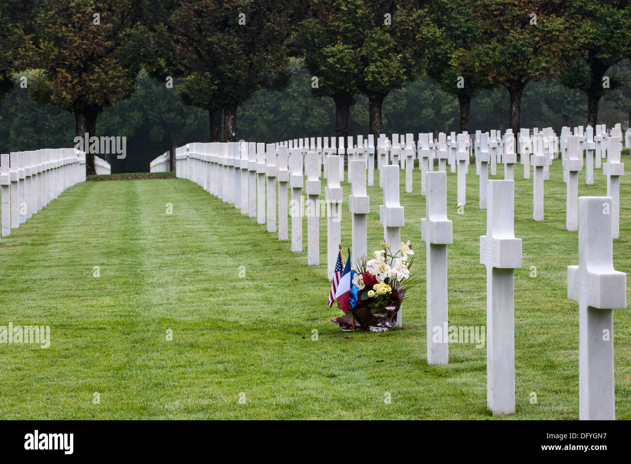 Fiori a grave della prima guerra mondiale un soldato, Meuse-Argonne Cimitero e memoriale americano Romagne,-sous-Montfaucon, Francia Foto Stock