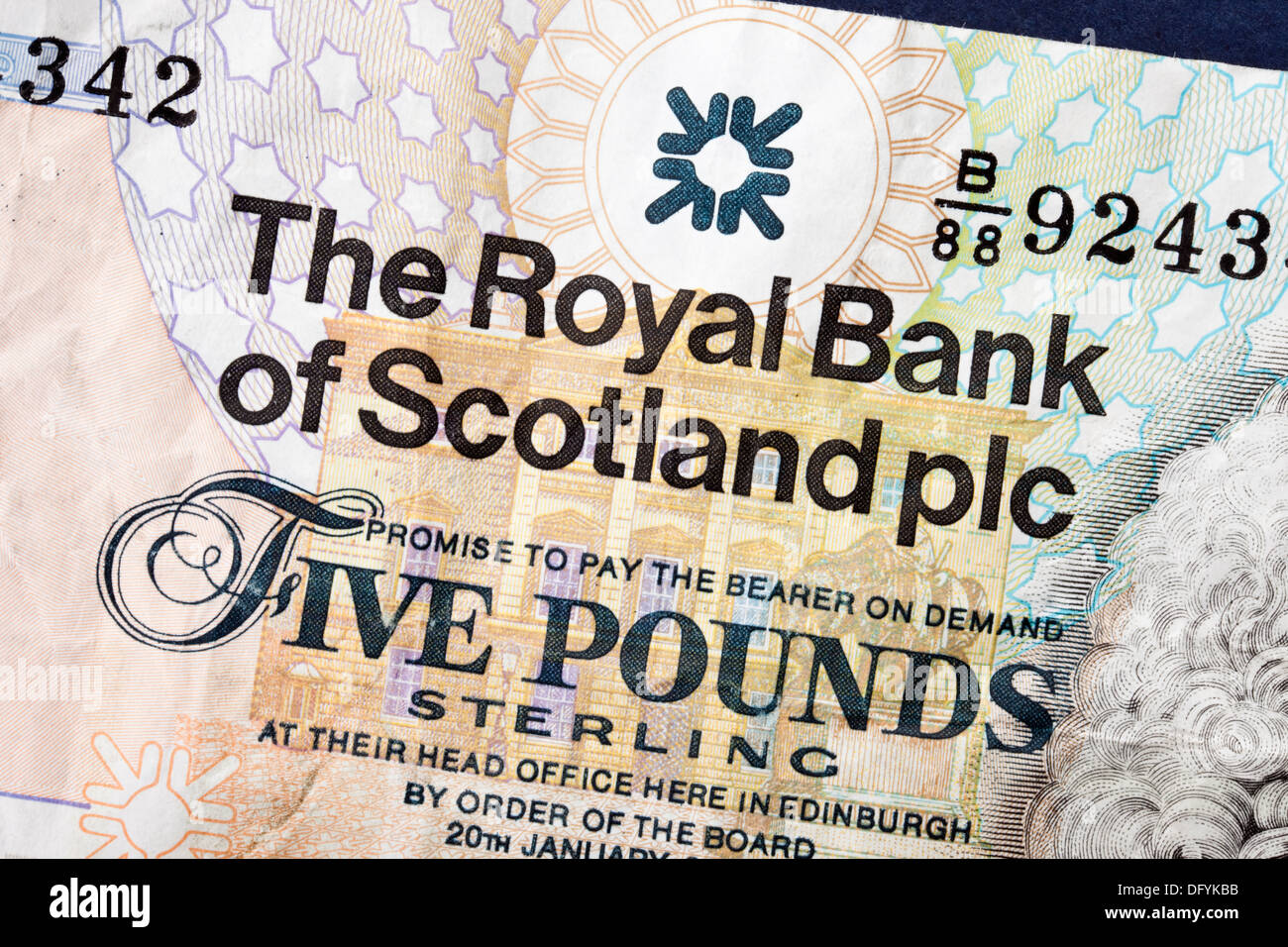 Primo piano di una nota scozzese da cinque sterline emessa dalla Royal Bank of Scotland UK Britain Foto Stock