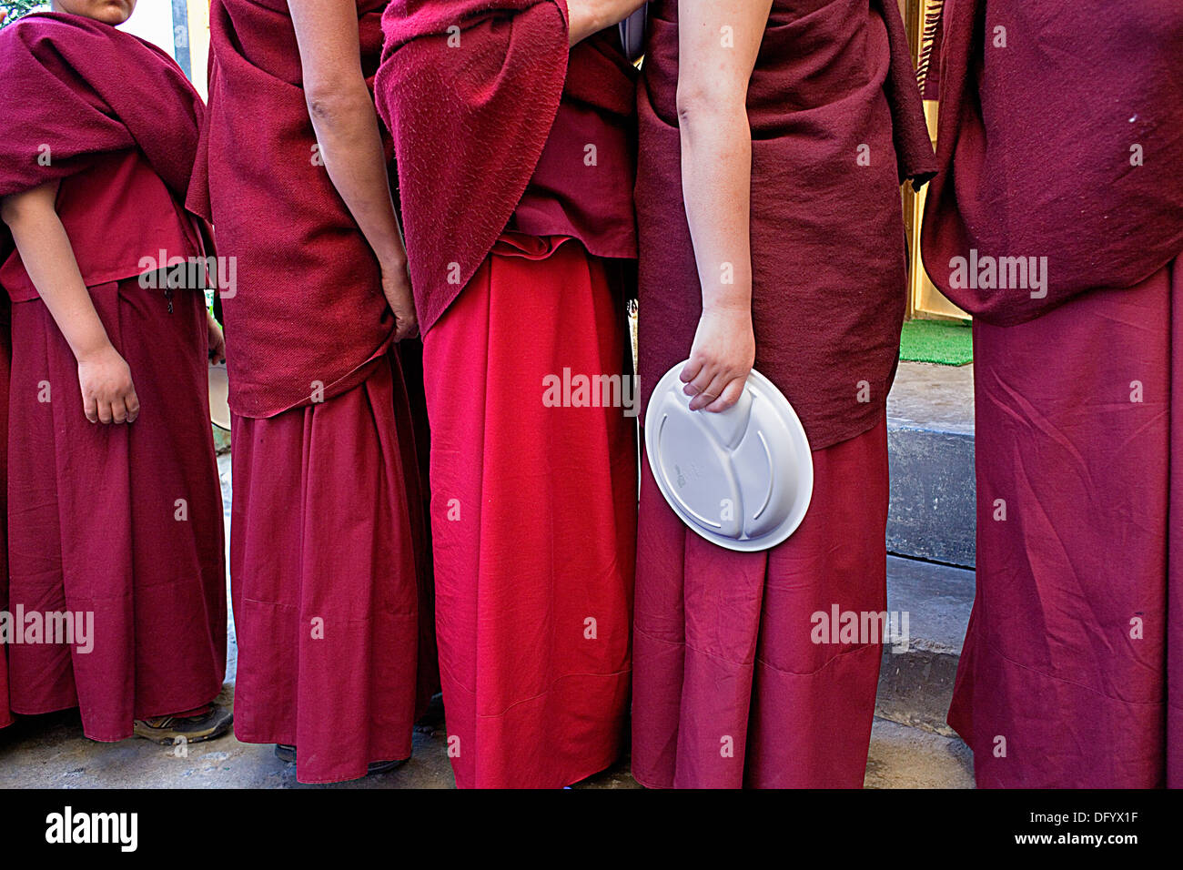 Le monache.pranzo.Geden Choeling Monastero, McLeod Ganj Dharamsala, Himachal Pradesh, India, Asia Foto Stock