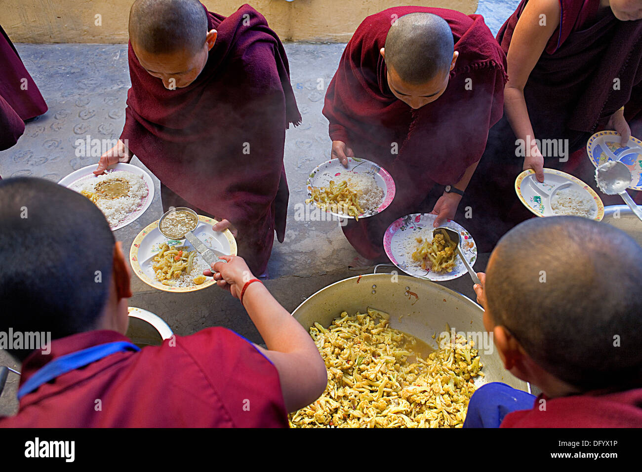 Le monache.pranzo.Geden Choeling Monastero, McLeod Ganj Dharamsala, Himachal Pradesh, India, Asia Foto Stock