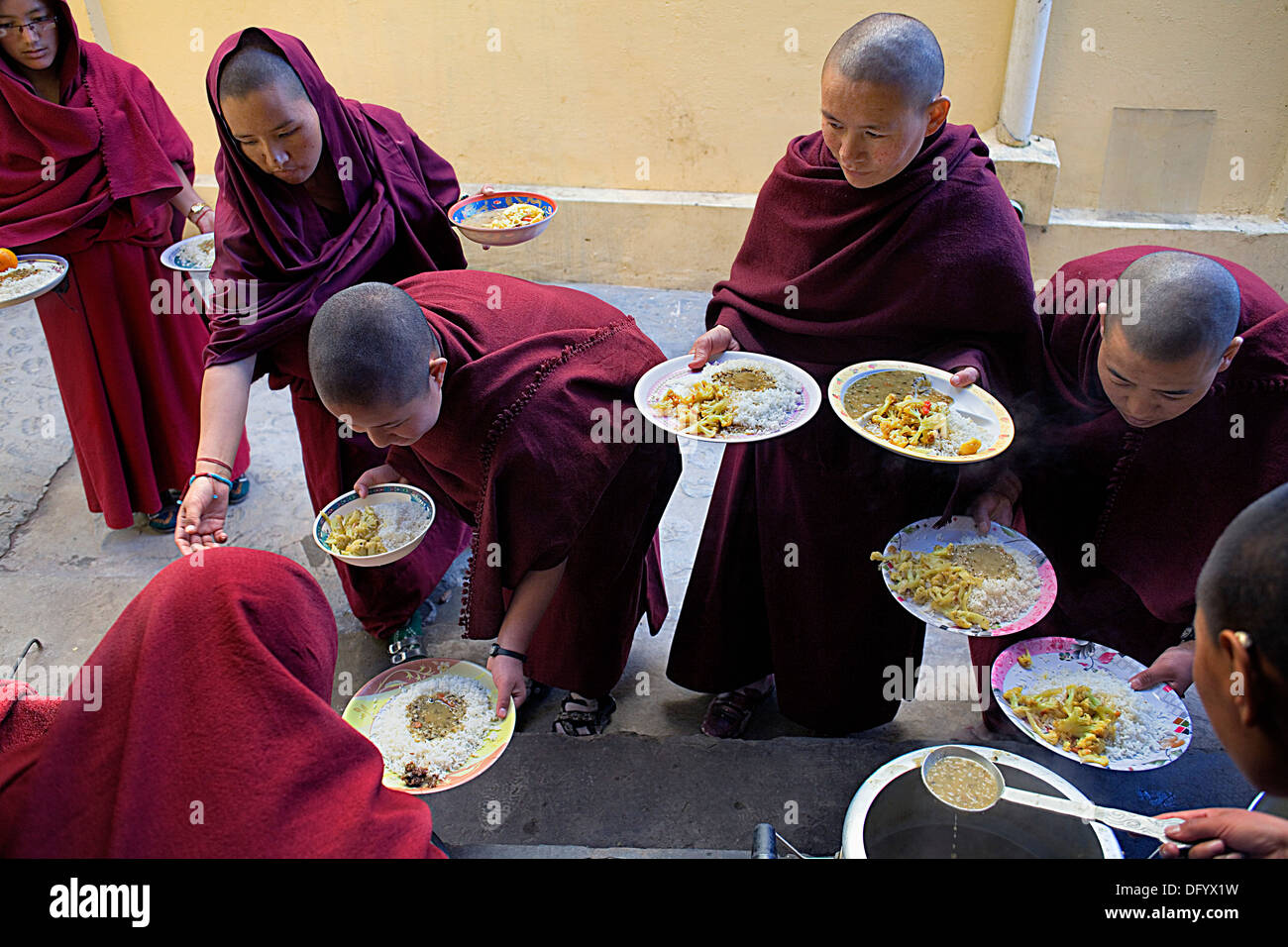 Le monache.pranzo.Geden Choeling Monastero, McLeod Ganj Dharamsala, Himachal Pradesh, India, Asia Foto Stock