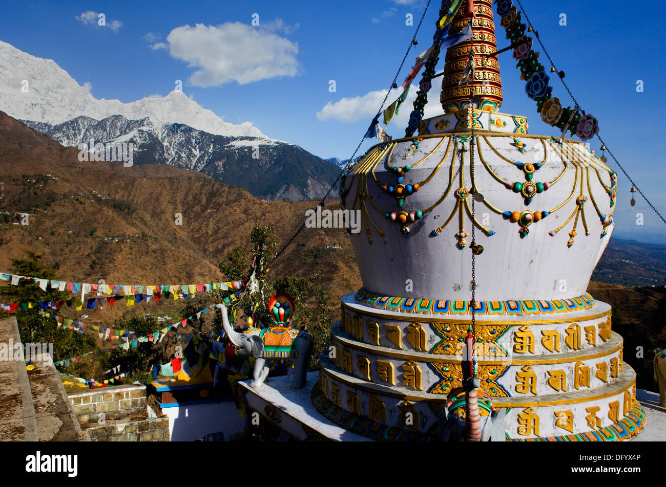 Stupa in Lhagyal ri,vicino Tsuglagkhang complex.sullo sfondo le montagne dell Himalaya.McLeod Ganj Dharamsala, Himachal Pradesh Foto Stock Stupa in Lhagyal ri,vicino Tsuglagkhang complex.sullo sfondo le montagne dell Himalaya.McLeod Ganj Dharamsala, Himachal Pradesh Foto Stock