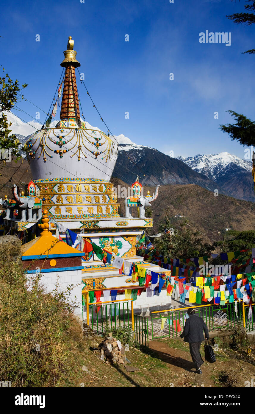 Stupa in Lhagyal ri,vicino Tsuglagkhang complex.sullo sfondo le montagne dell Himalaya.McLeod Ganj Dharamsala, Himachal Pradesh Foto Stock Stupa in Lhagyal ri,vicino Tsuglagkhang complex.sullo sfondo le montagne dell Himalaya.McLeod Ganj Dharamsala, Himachal Pradesh Foto Stock