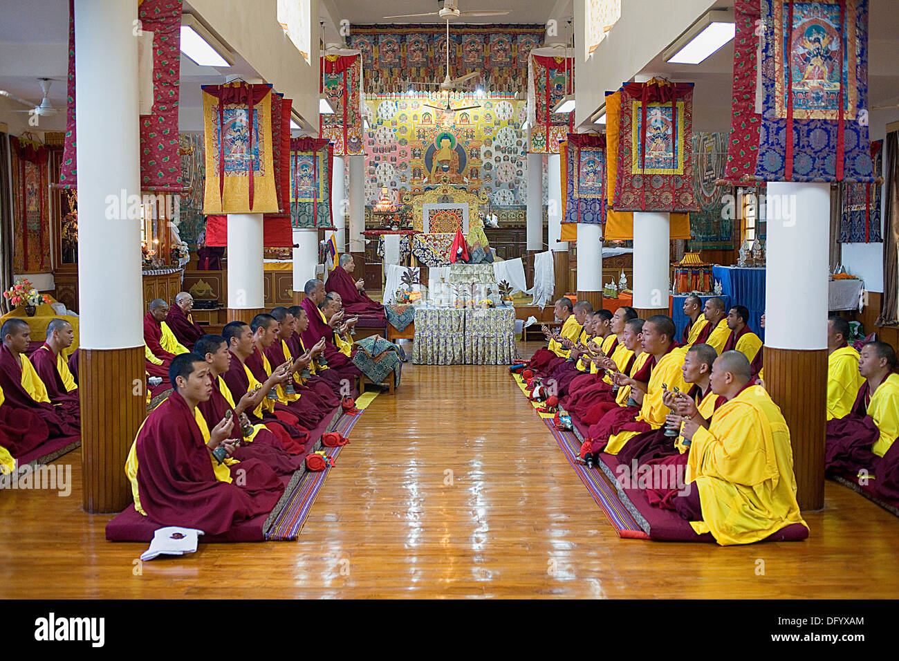 Puja,i monaci la preghiera, il Monastero Namgyal,nel complesso Tsuglagkhang. McLeod Ganj Dharamsala, Himachal Pradesh, India, Asia Foto Stock
