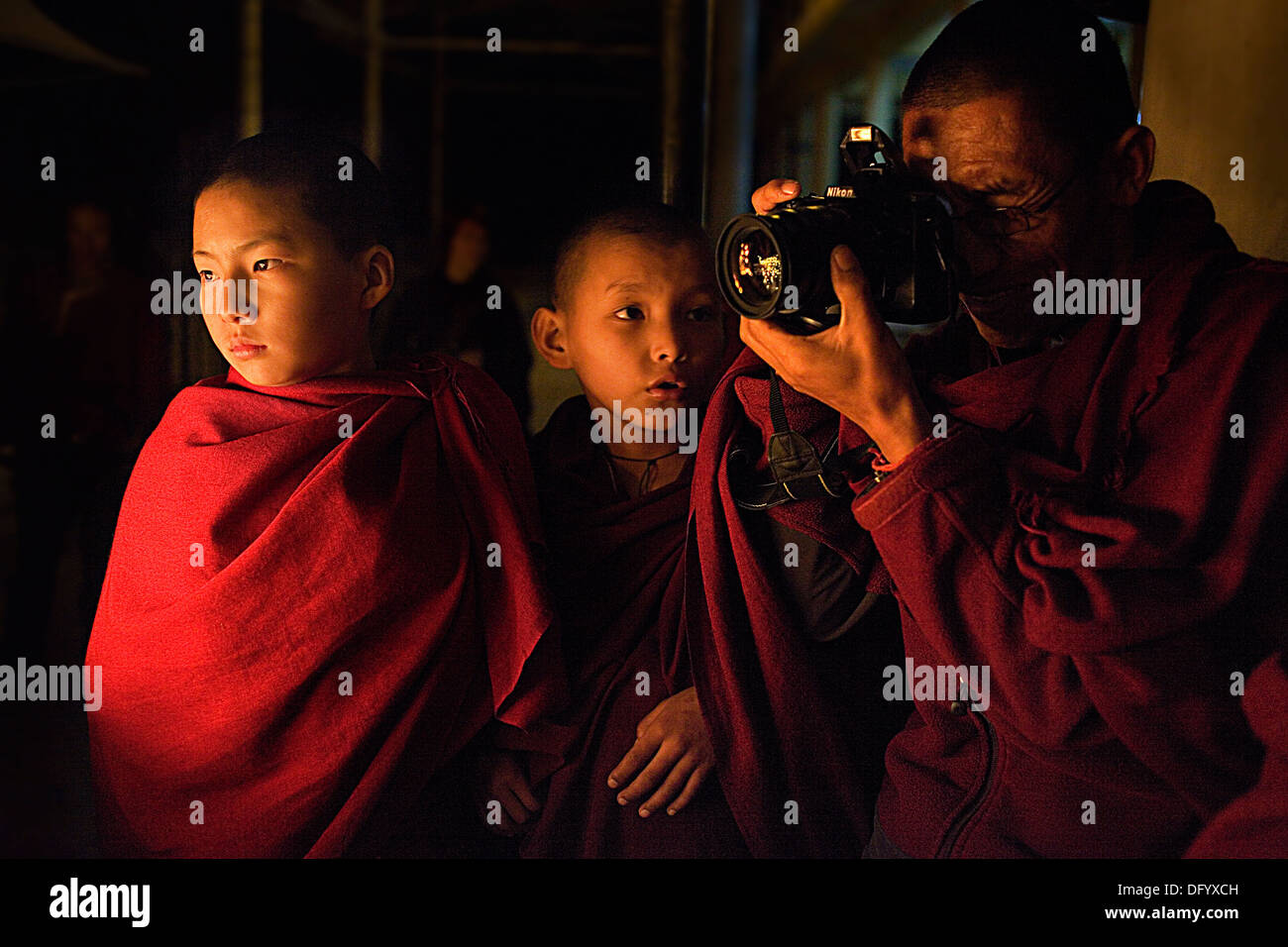 I monaci nel Monastero Namgyal,nel complesso Tsuglagkhang. McLeod Ganj Dharamsala, Himachal Pradesh, India, Asia Foto Stock