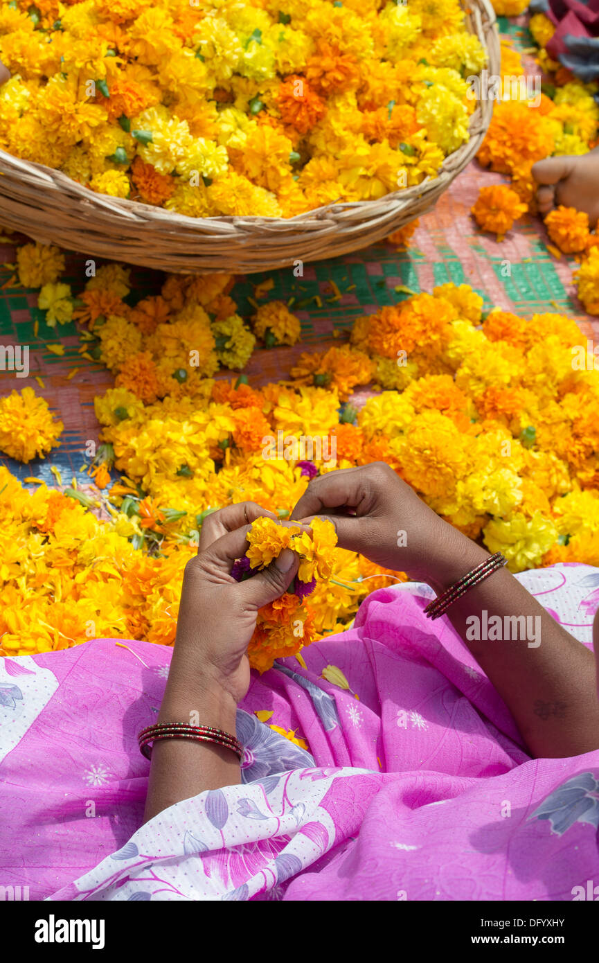 Rurale villaggio indiano donna seduta attorno a un paniere di fiori di tagete fare ghirlande di fiori. Andhra Pradesh, India Foto Stock