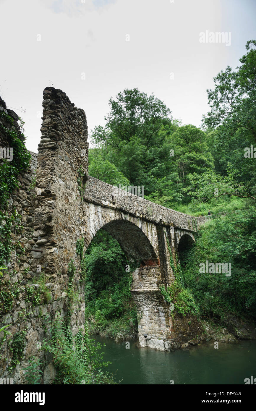 Francia, Ariège - al Pont du Diable attraversando il fiume Ariège a Mercus-Garrabet, vicino Via N20. Foto Stock