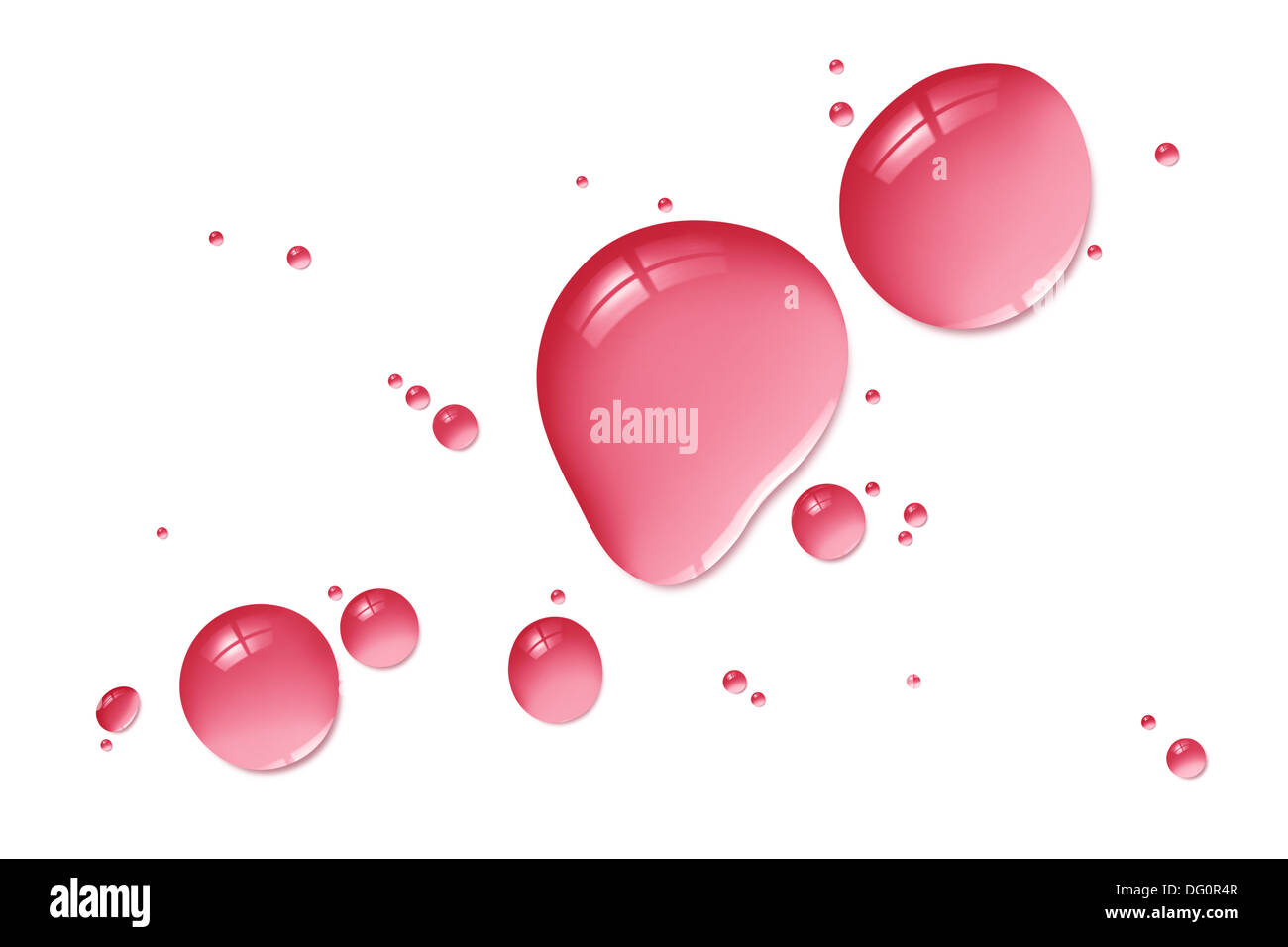 Rosso trasparente gocce di liquido isolato su bianco Foto Stock