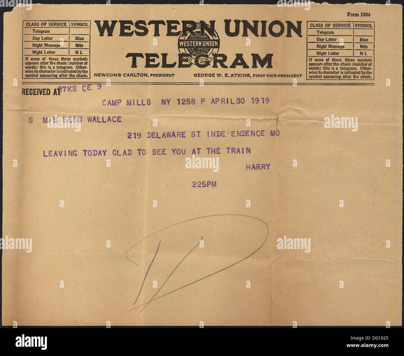 Telegramma da Harry Truman a Bess Wallace 200654 Foto Stock