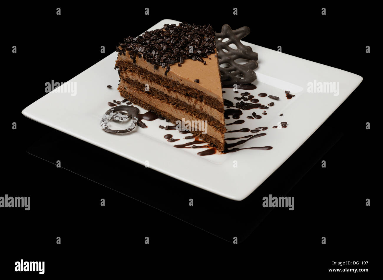 Gustosa torta al cioccolato con scaglie di cioccolato sulla piastra bianca Foto Stock