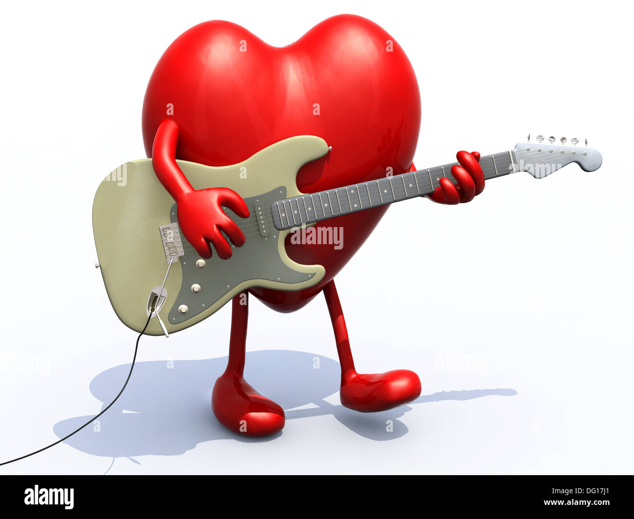Cuore con le braccia e le gambe suonare la chitarra elettrica, 3d illustrazione Foto Stock