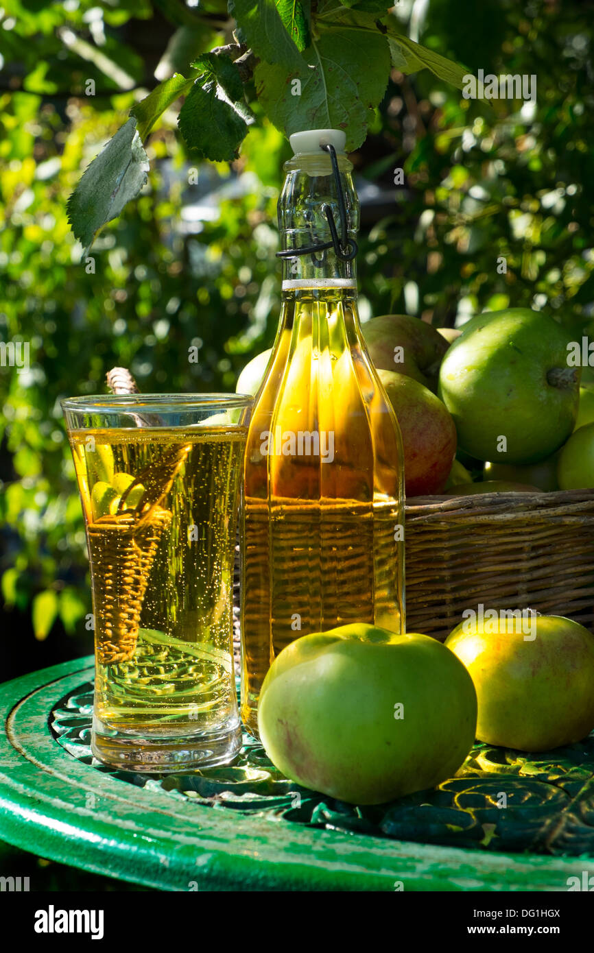 Giardino ancora in vita con bicchiere di sidro, bottiglia di sidro di mele e di sidro di mele facendo. Foto Stock