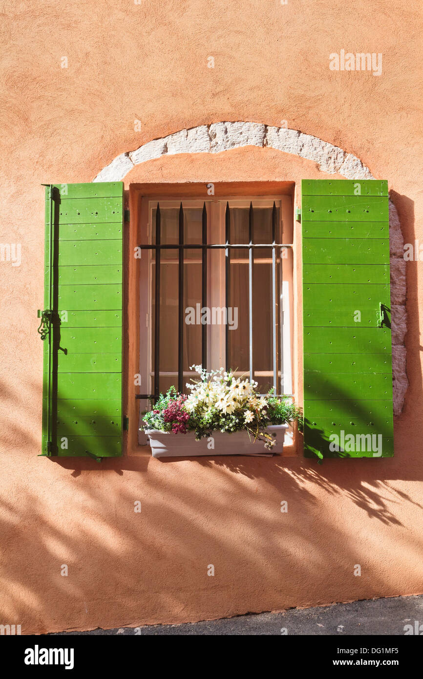 Close up di verde di persiane alle finestre con una cassetta per fiori in Provenza, in Francia, in Europa Foto Stock