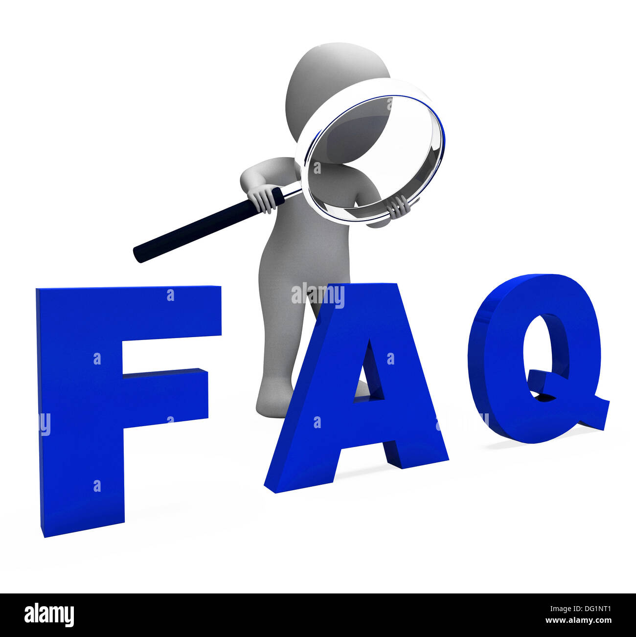 Faq 3d carattere che mostra le richieste di assistenza o le domande frequenti Foto Stock