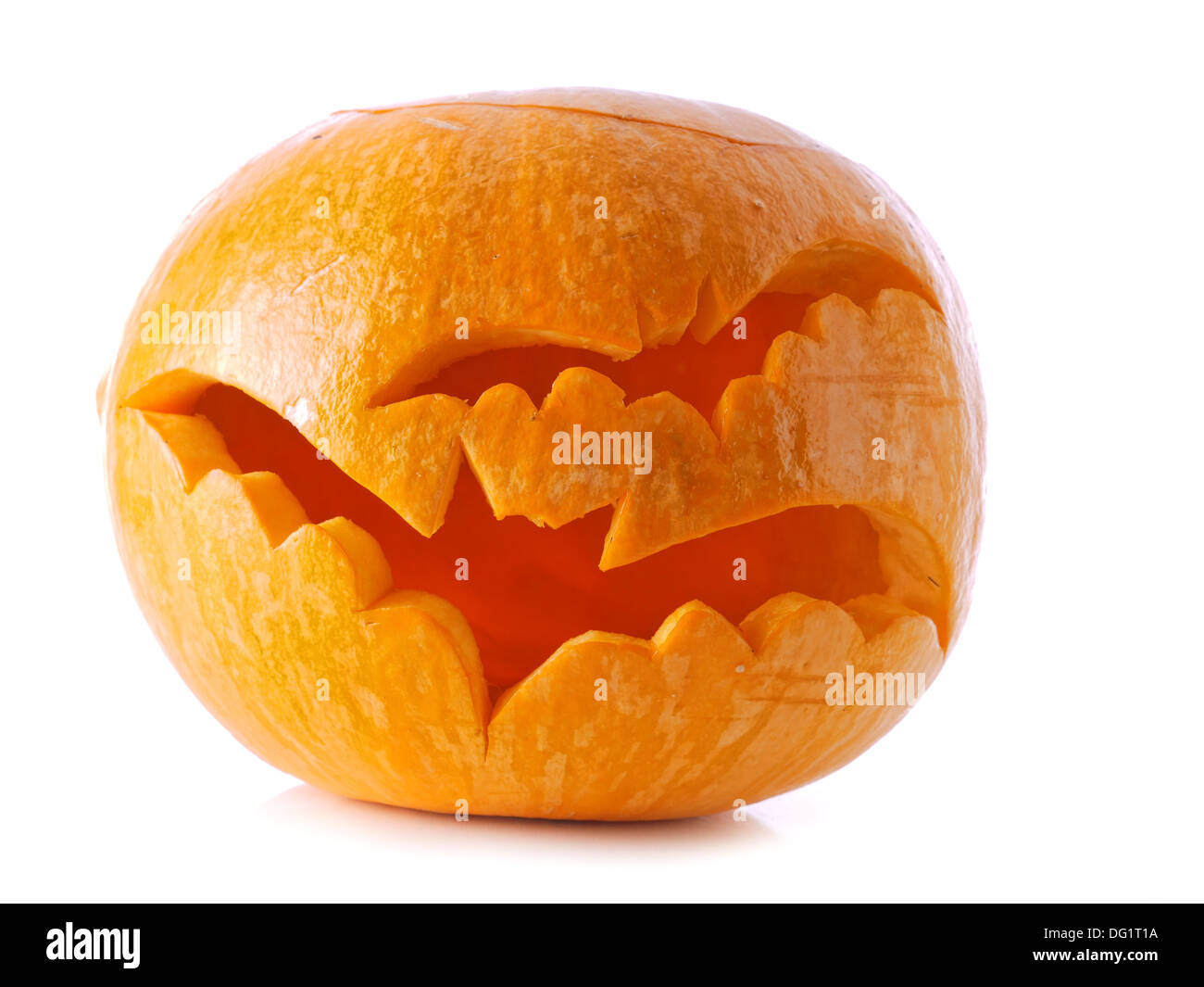 Jack-o-lantern zucca scolpita con bat pattern su sfondo bianco Foto Stock