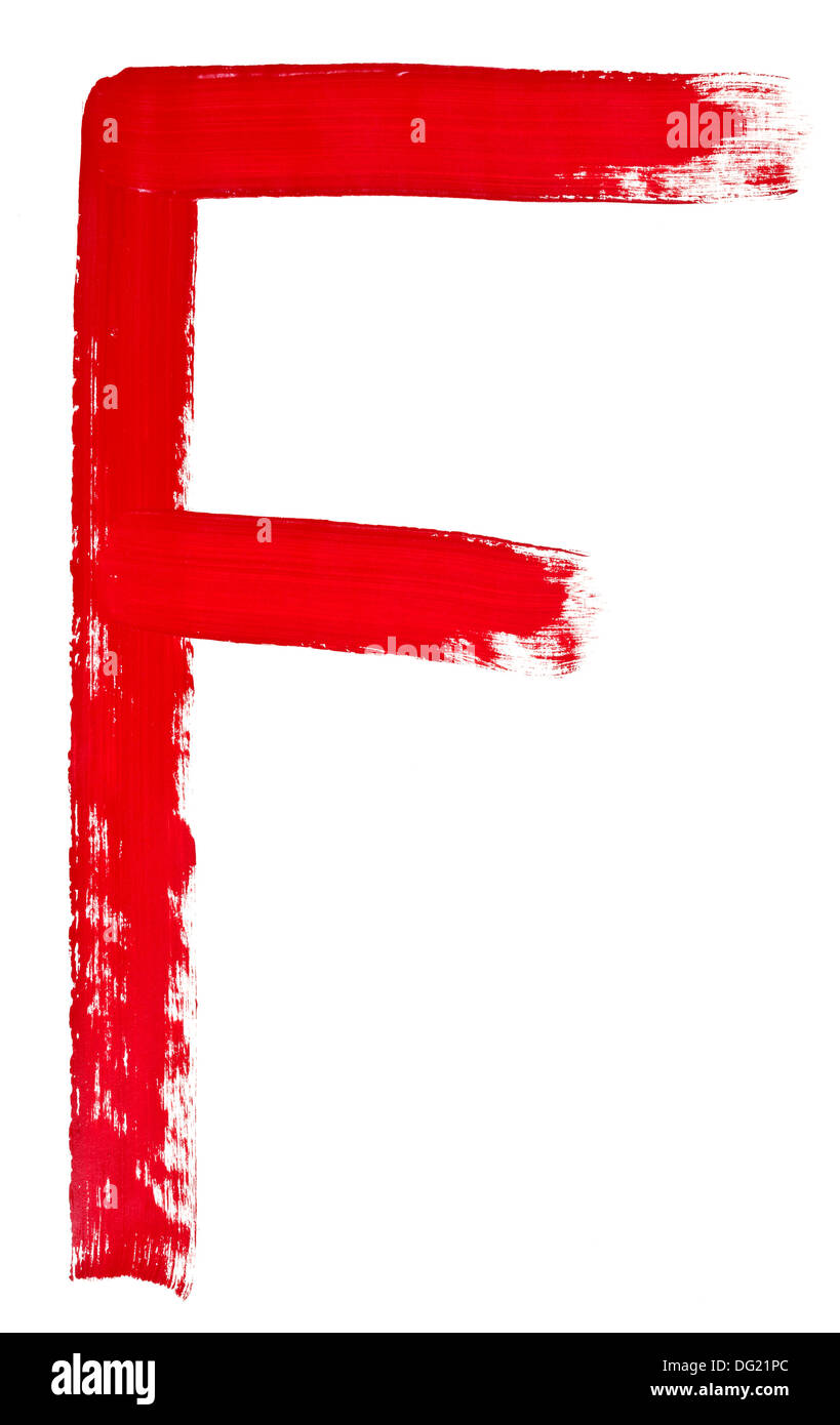 Lettera f maiuscola dipinta a mano dal pennello rosso su sfondo bianco Foto Stock