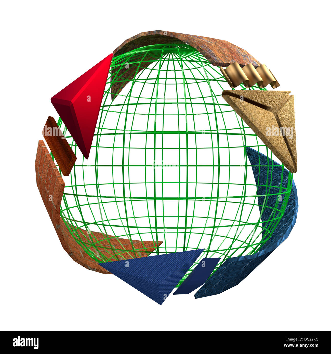 Simbolo riciclato con materiali Human-Made Revolving freccia una terra verde Foto Stock