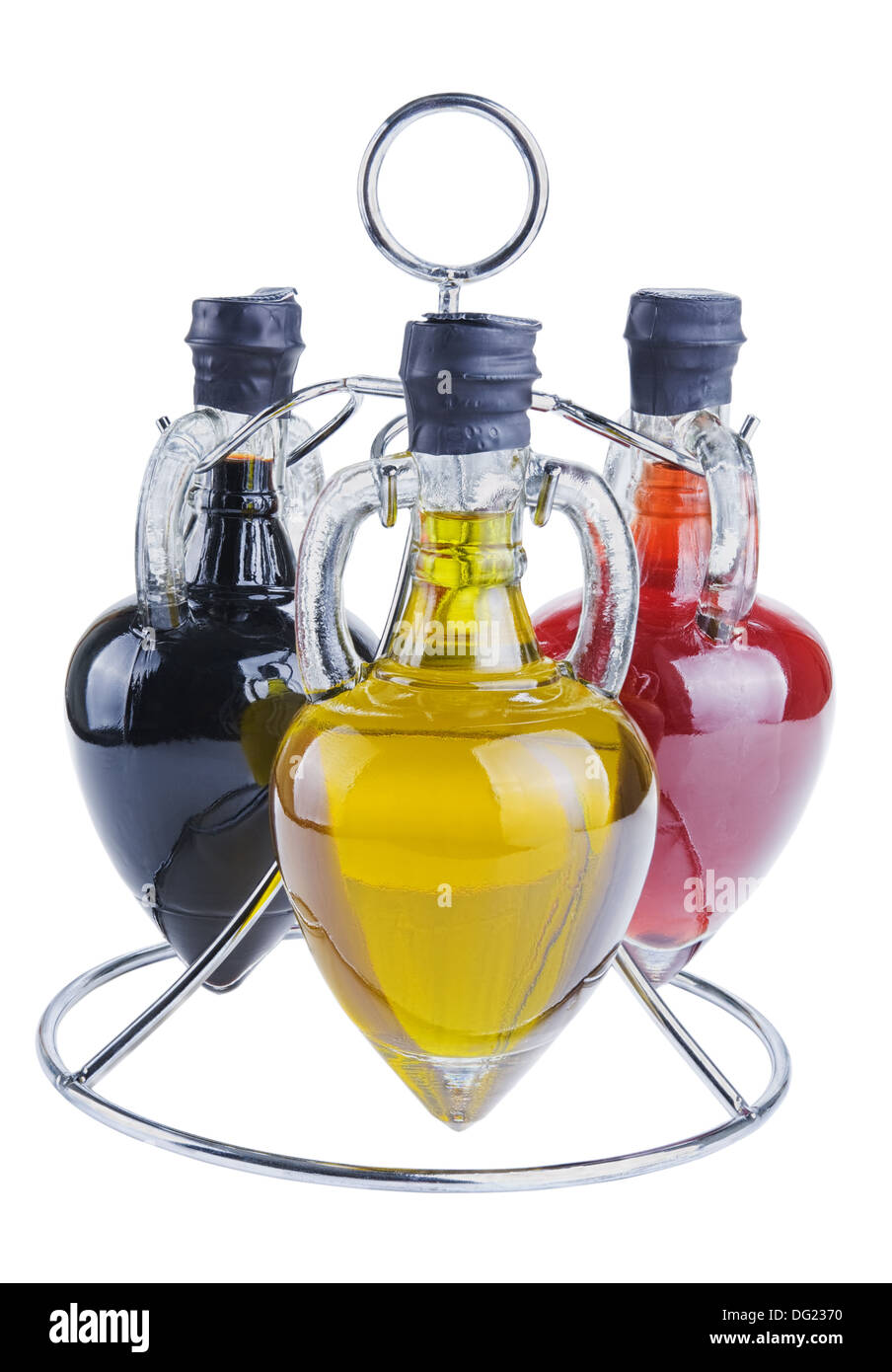 Set di olio di oliva, balsamico e aceto di vino rosso isolato su sfondo bianco Foto Stock