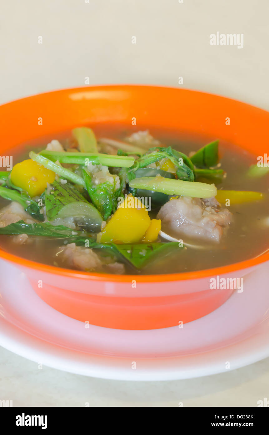 Spessore saporita zuppa di carne di maiale , spezie e mescolare vegetale in Orange Bowl , zuppa asiatica Foto Stock