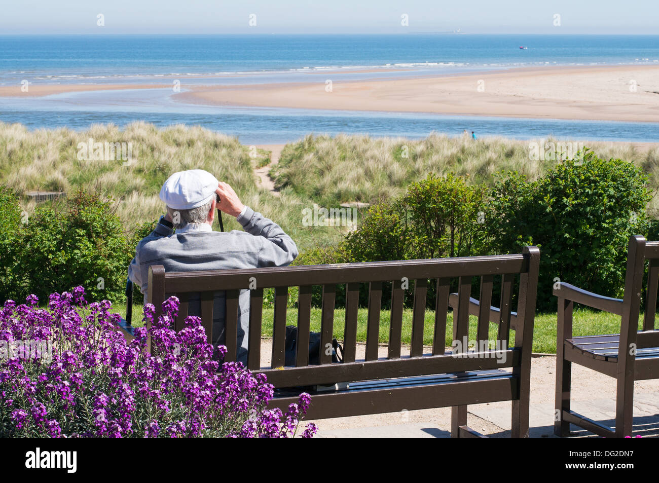 Uomo seduto su un banco di lavoro e guardando il mare Alnmouth Northumberland Inghilterra, Regno Unito Foto Stock