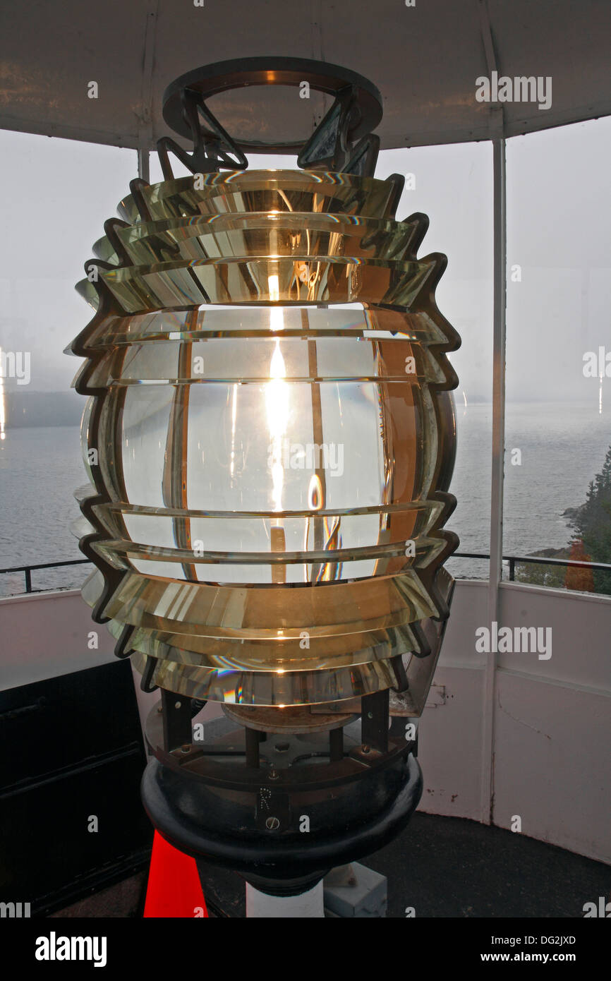 Luce faro lente di Fresnel il gufo di Capo Faro costa del Maine New England USA Foto Stock
