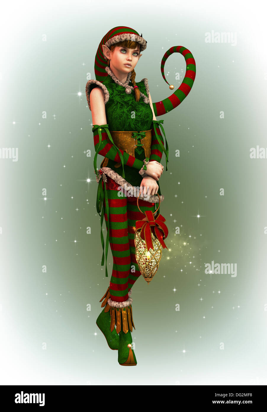 Computer grafica 3d di un simpatico elf natale con cappuccio appuntito e lanterna Foto Stock