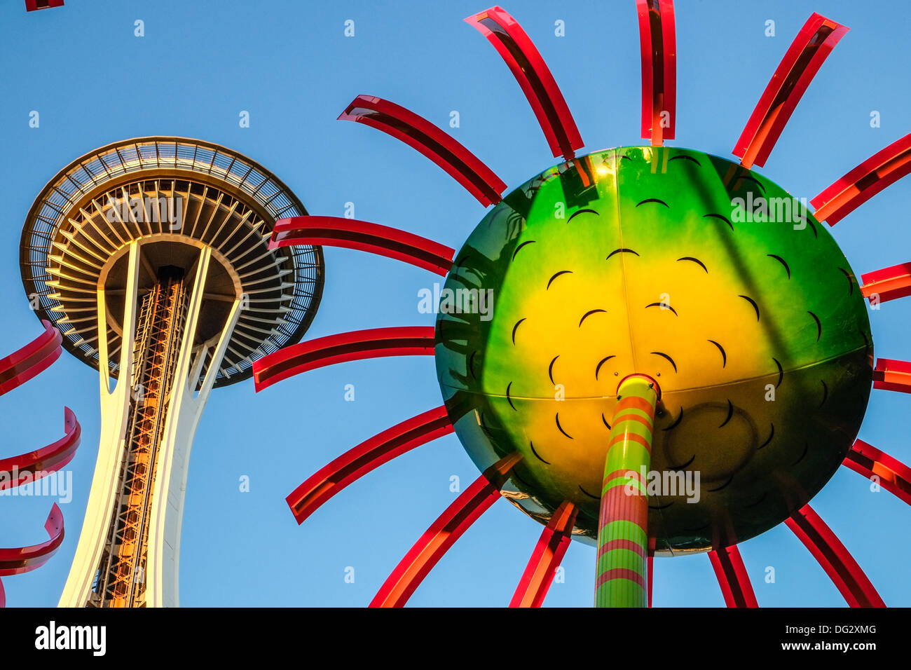 Lo Space Needle nel centro di Seattle con fiori di vetro in primo piano Foto Stock