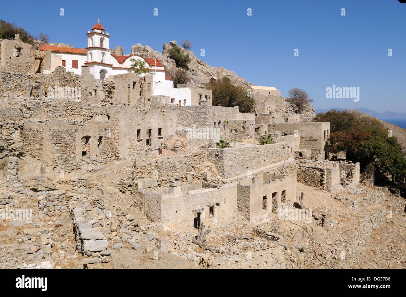 Villaggio abbandonato di Mikro Chorio Tilos isola greca del Dodecanneso Grecia Foto Stock