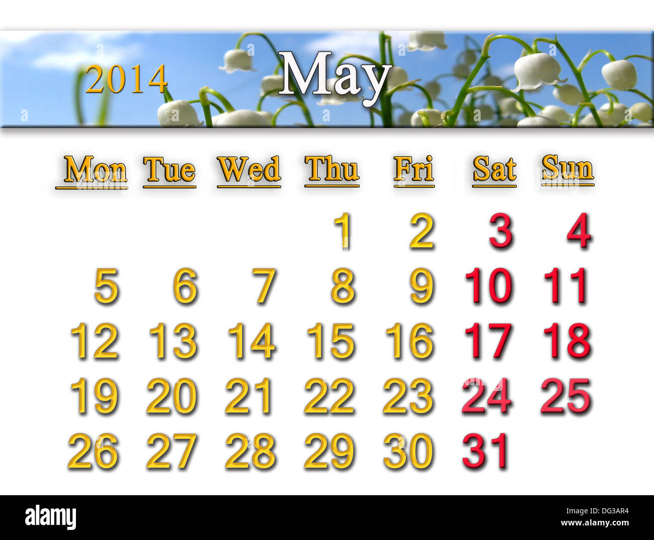 Calendario per il mese di maggio del 2014 sullo sfondo del giglio della valle Foto Stock