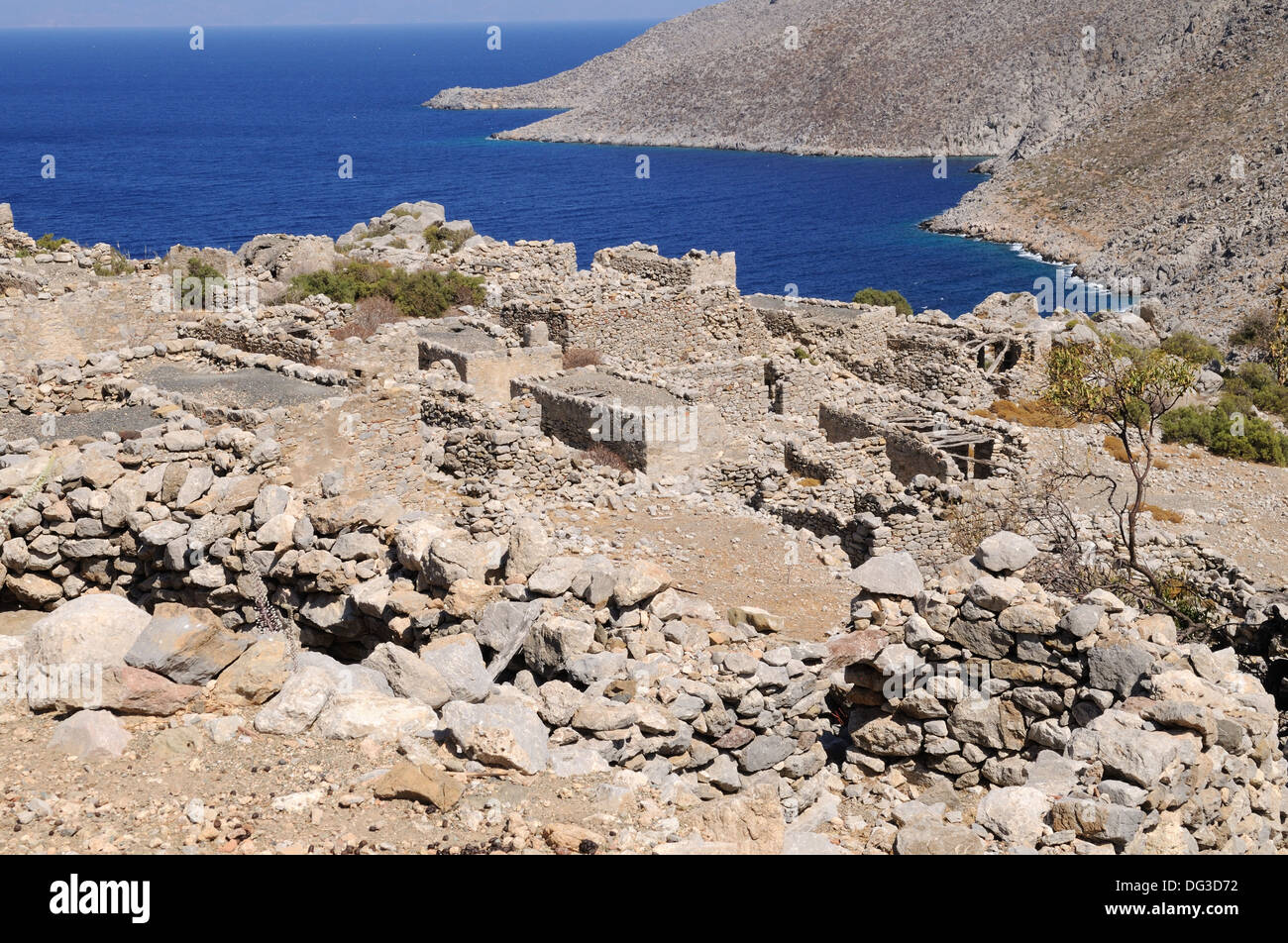 Th villaggio abbandonato di Gera Ghera Tilos isola greca del Dodecanneso Grecia Foto Stock