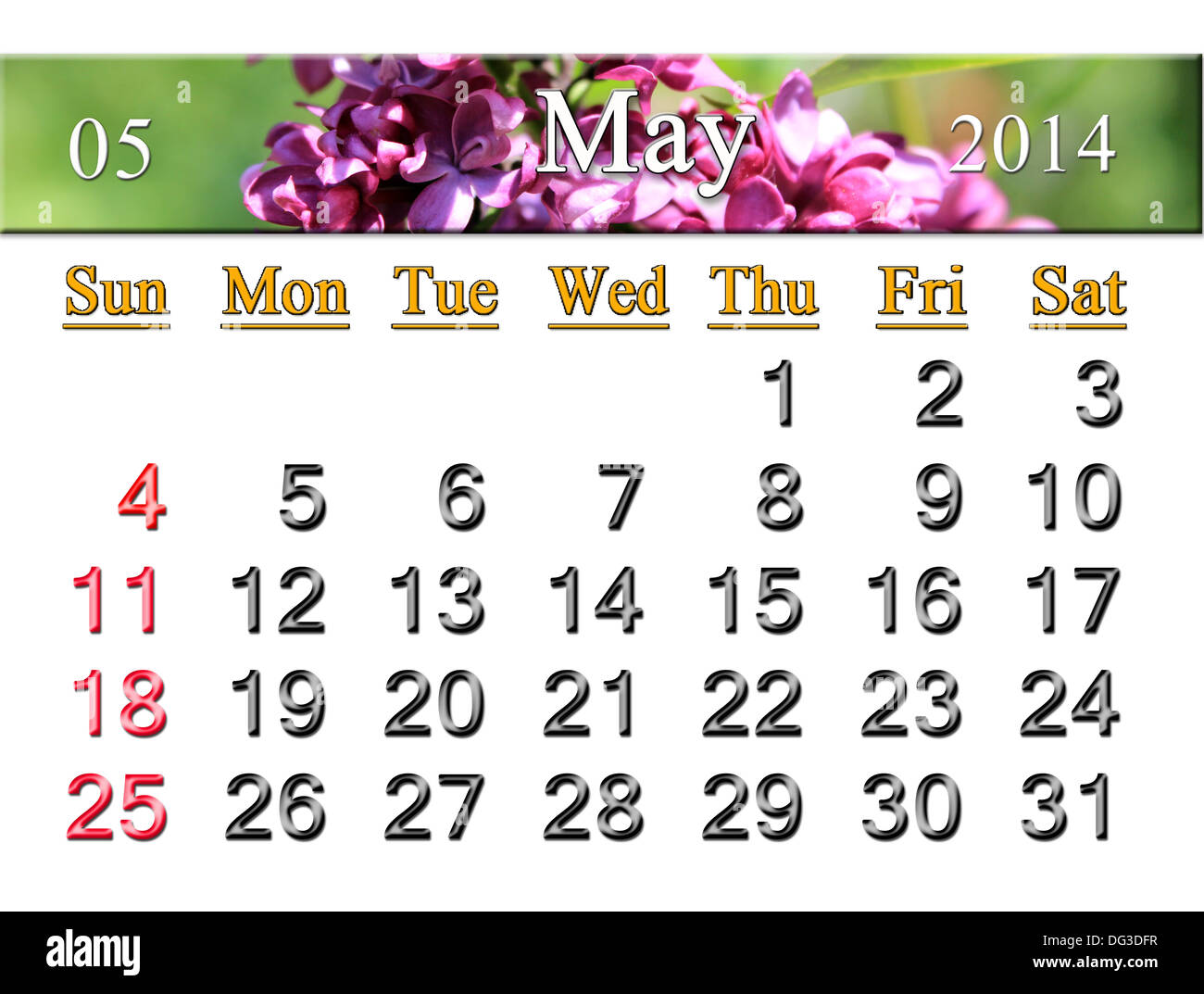 Calendario per il mese di maggio del 2014 sullo sfondo del ramo di lillà Foto Stock
