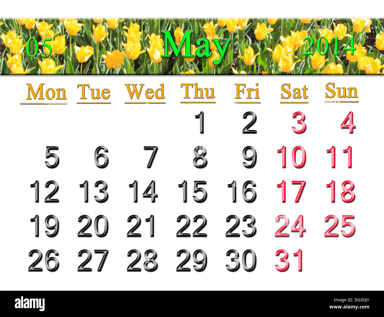 Calendario per il mese di maggio del 2014 sullo sfondo di tulipani in fiore-letto Foto Stock