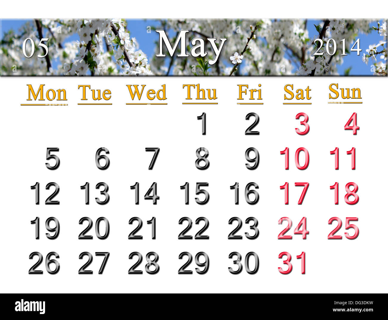 Calendario per il mese di maggio del 2014 sullo sfondo del ramo della fioritura cherry Foto Stock