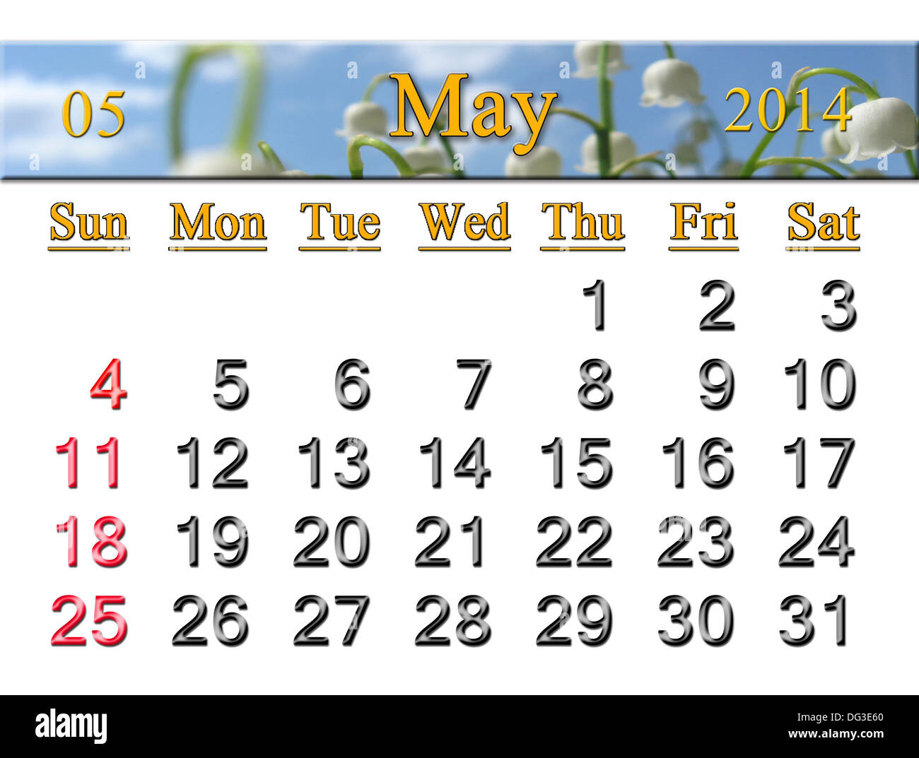 Calendario per il mese di maggio del 2014 sullo sfondo del giglio della valle Foto Stock