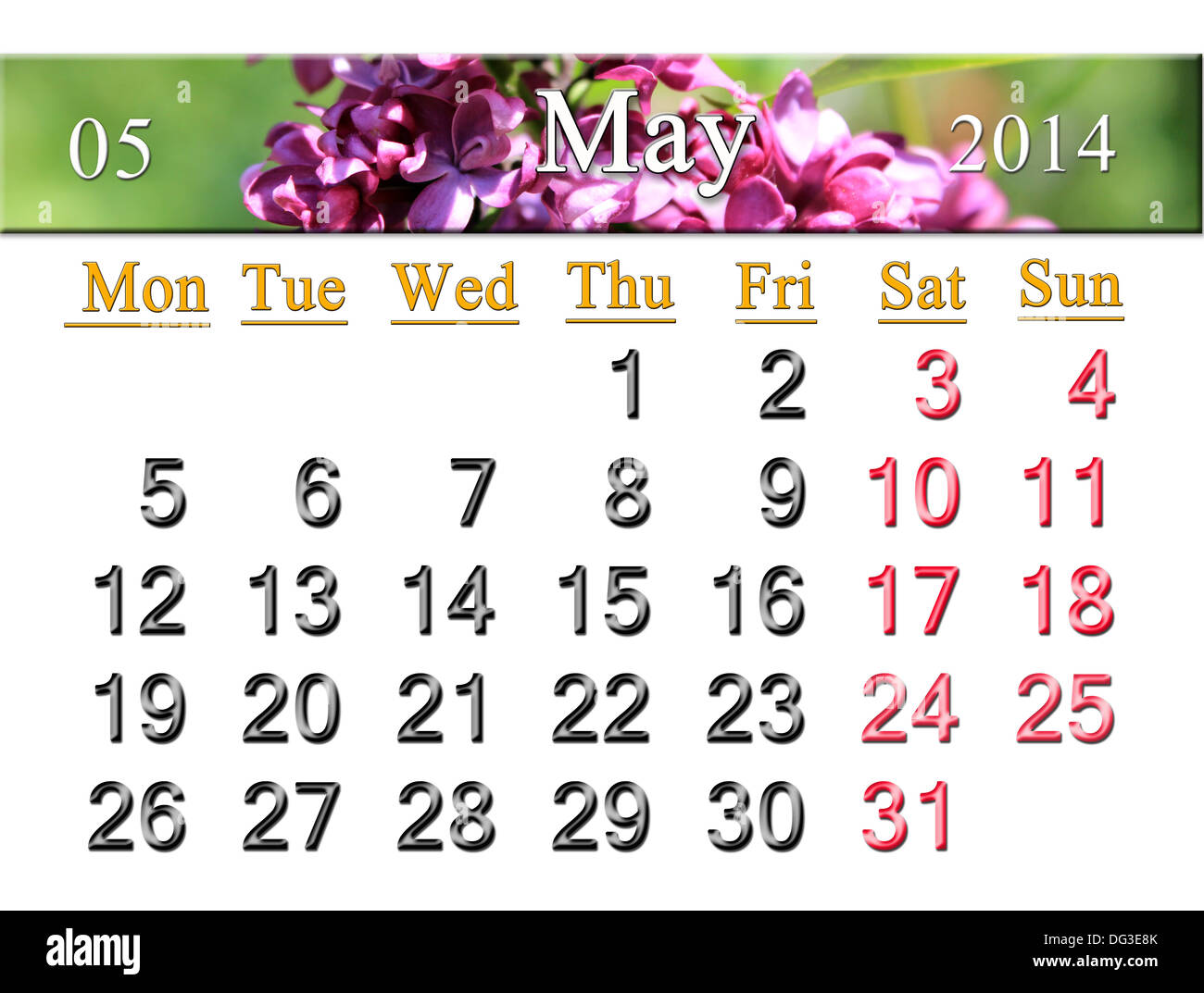 Calendario per il mese di maggio del 2014 sullo sfondo del ramo di lillà Foto Stock