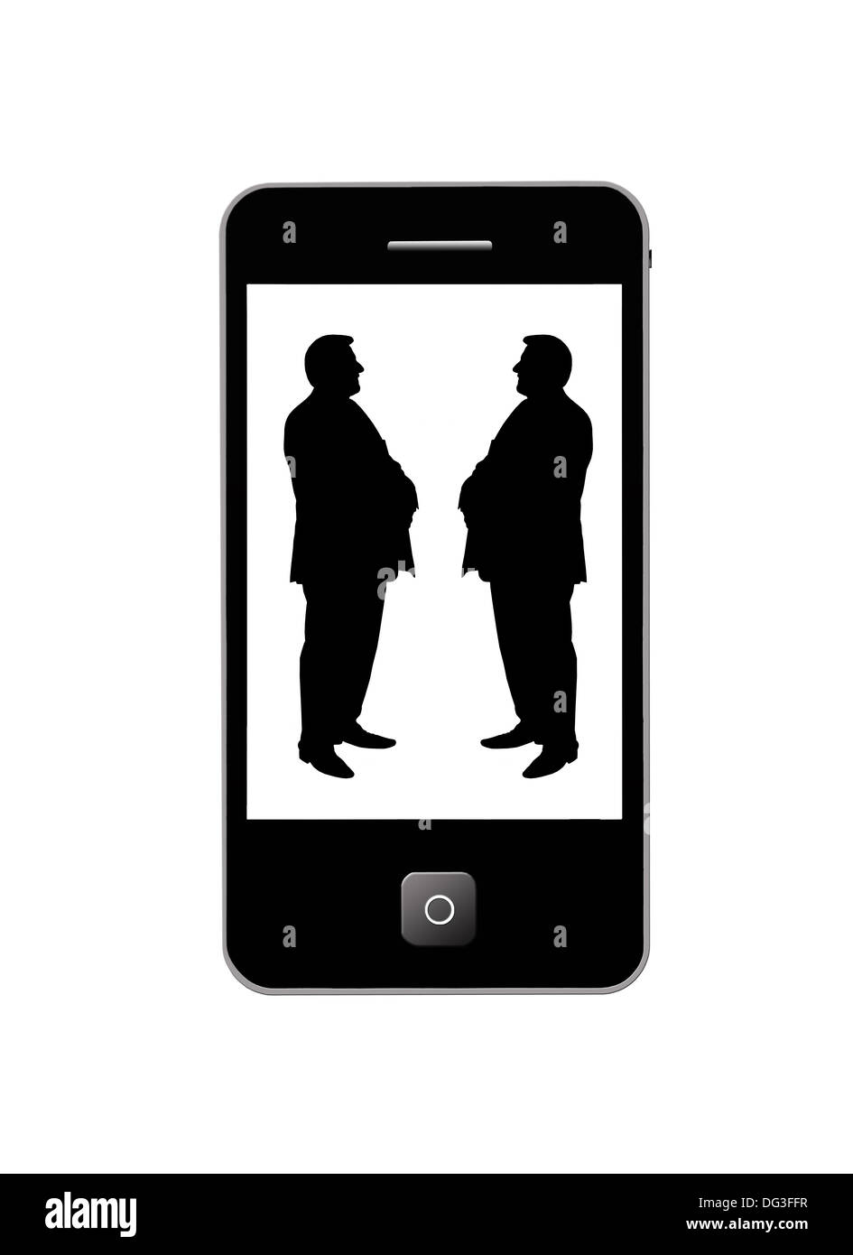 Moderno telefono mobile con due sagome nere degli uomini Foto Stock