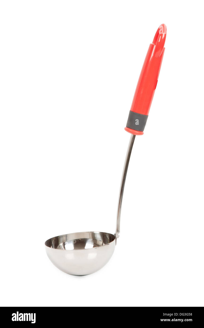 Cucchiaio da cucina con manico rosso isolato su sfondo bianco Foto Stock