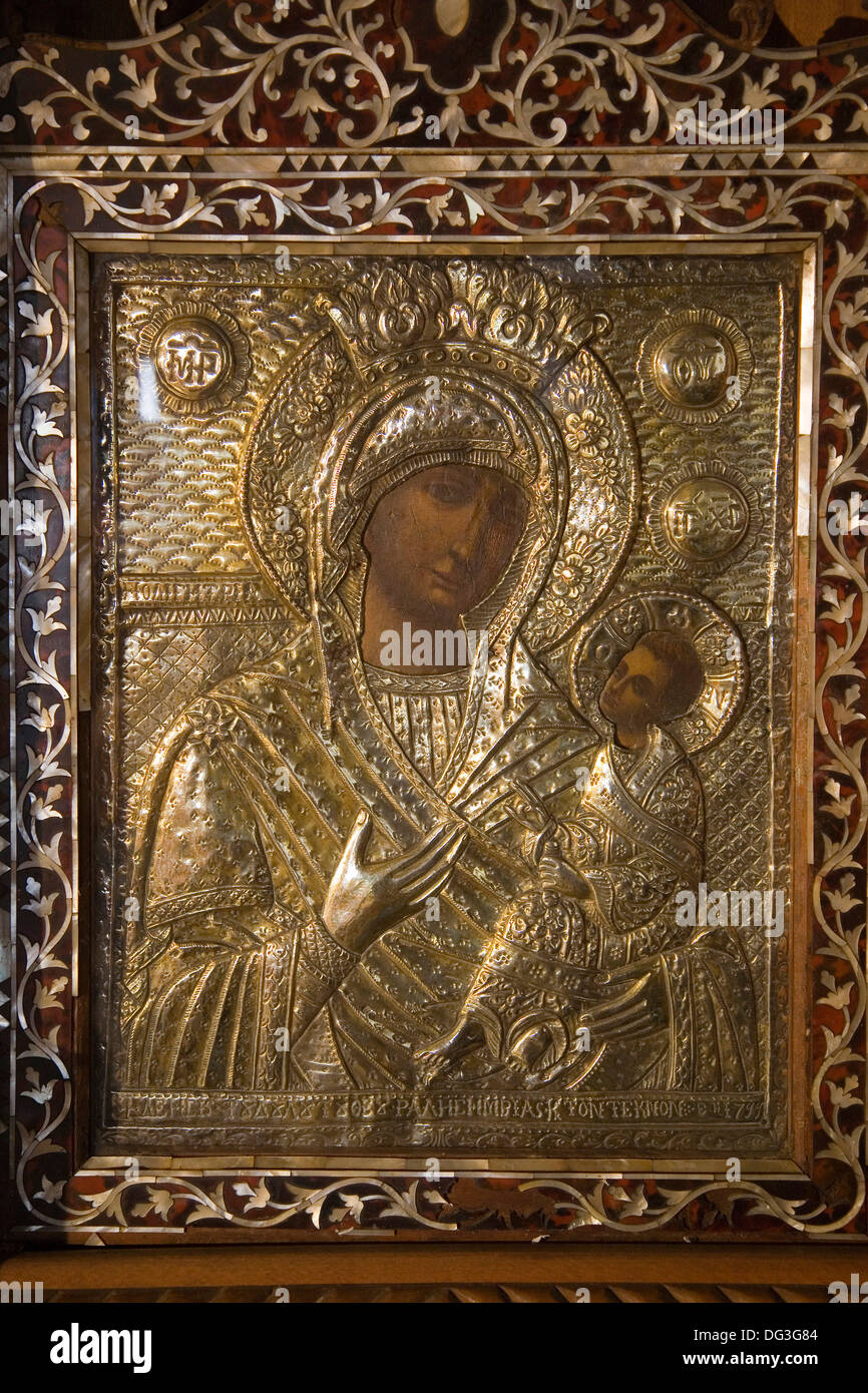 In Europa, in Grecia, Dodecaneso, PATMOS ISOLA, chora, chiesa di Nostra Signora del Salvatore, un'icona di Nostra Signora Foto Stock