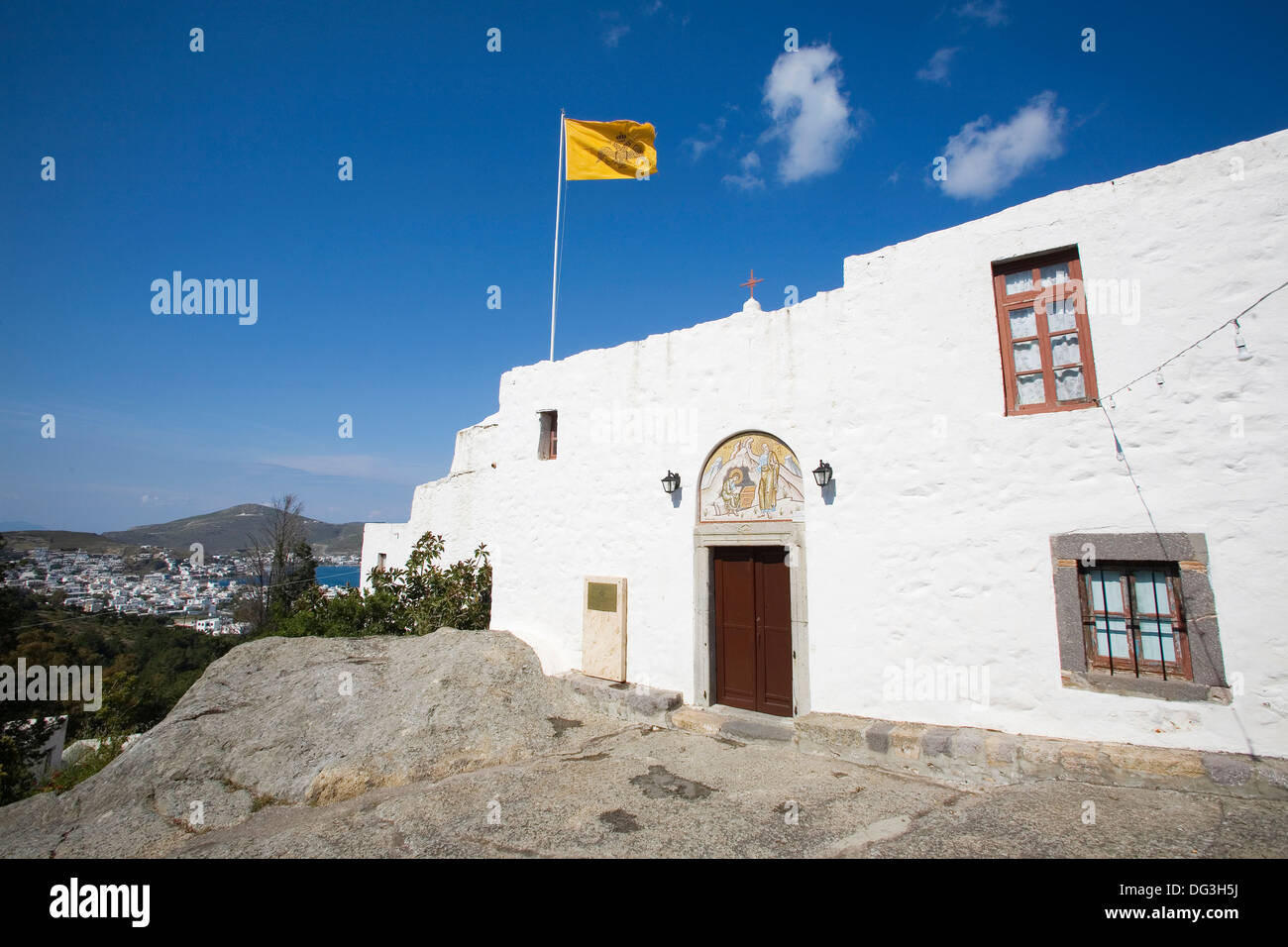 In Europa, in Grecia, Dodecaneso, PATMOS ISOLA, ingresso della grotta dell'Apocalisse, dove san Giovanni scrisse l'apocalisse Foto Stock