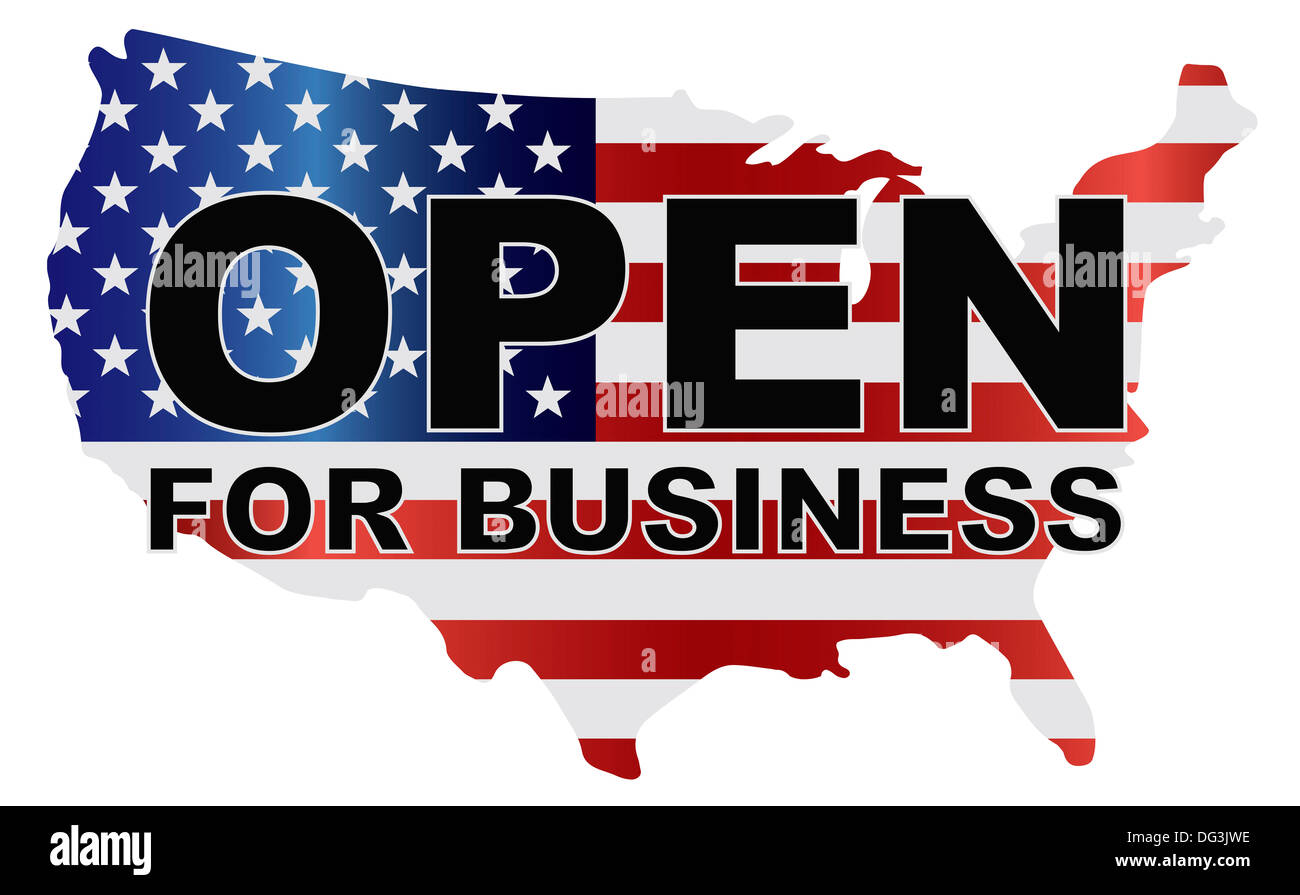 Arresto del governo aperto al business Struttura del testo con American bandiera degli Stati Uniti nella mappa del paese illustrazione Silhouette Foto Stock