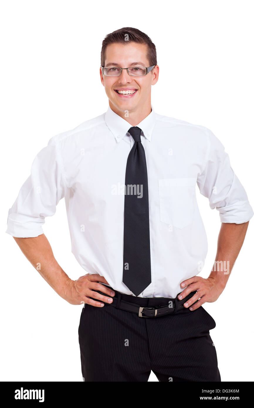 Ritratto di giovane imprenditore sorridente isolato su bianco Foto Stock