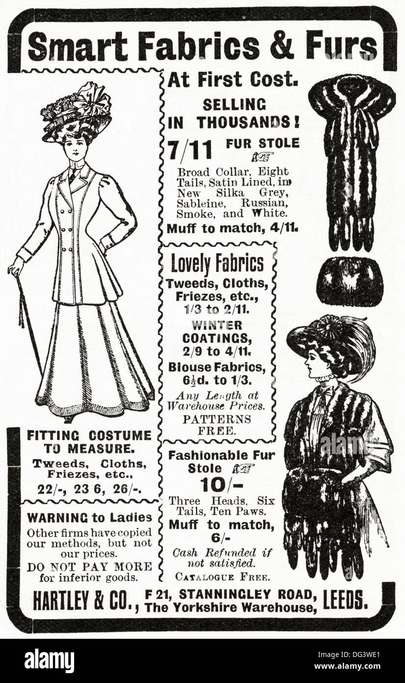 Originale di 1900s pubblicità pubblicità Stoffe & pellicce da Hartley & Co di Leeds. Rivista annuncio circa 1908 Foto Stock